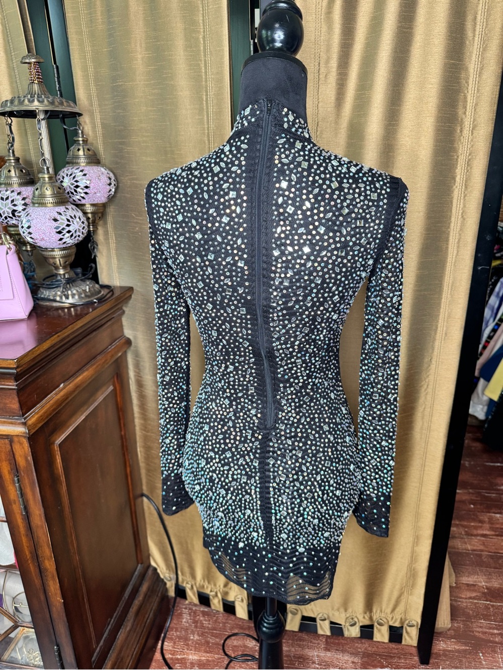 Nova Black Rhinestone Mesh Bodycon Mini Dress Size Small Party Club - Picture 4 of 9